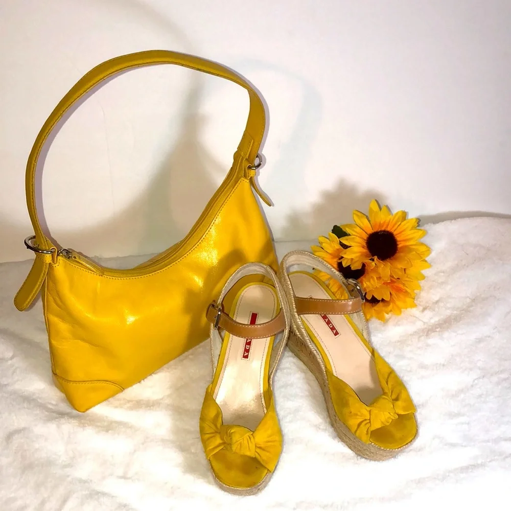 PRADA Suede Wedges & Matching Leather Purse in Sunny Butter Yellow